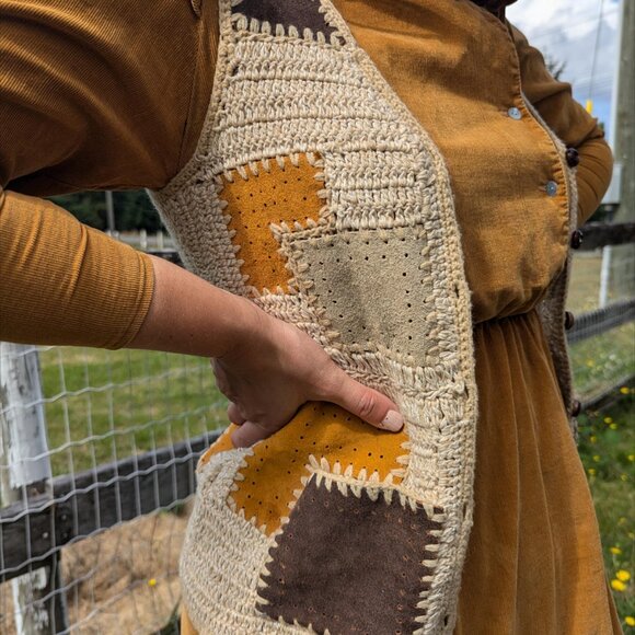 Vintage Grandmacore Crochet and Suede Patchwork Vest - Picture 2 of 8